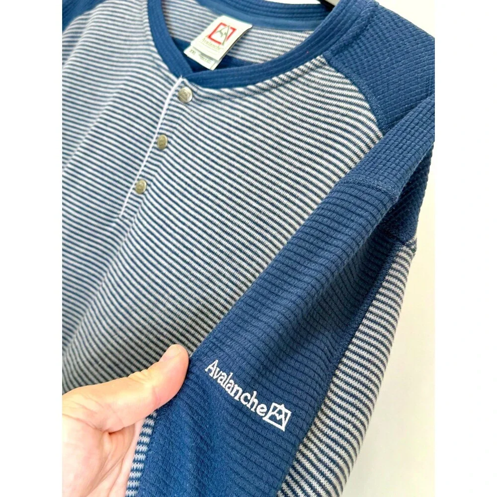Avalanche Mens XXL Henley Shirt Long Sleeve Waffle Textured Stripe Blue White